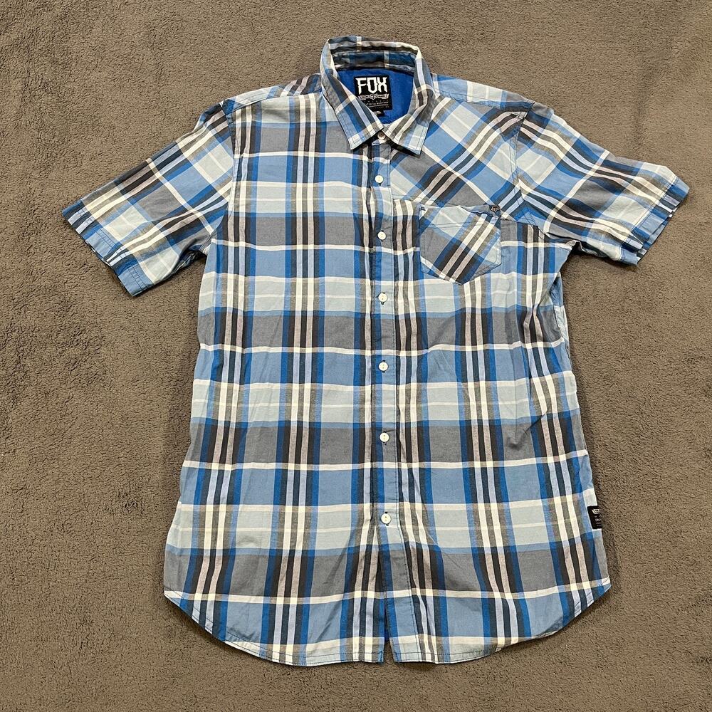 Fox Racing Forged Blue Plaid Short Sleeve Button Up Casual Moto Shirt Men's Sz L